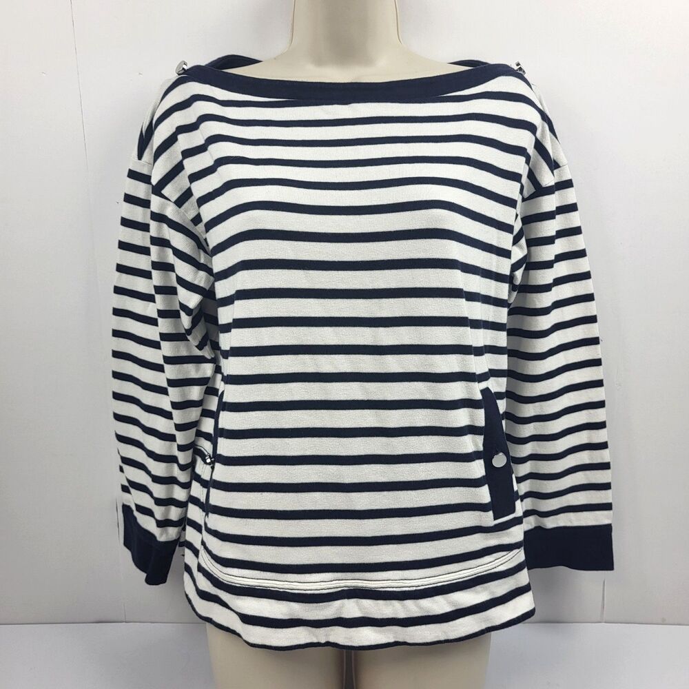 Kate Spade Top White Striped Boat Neck Sweater 3 Qtr Sleeve Cotton L